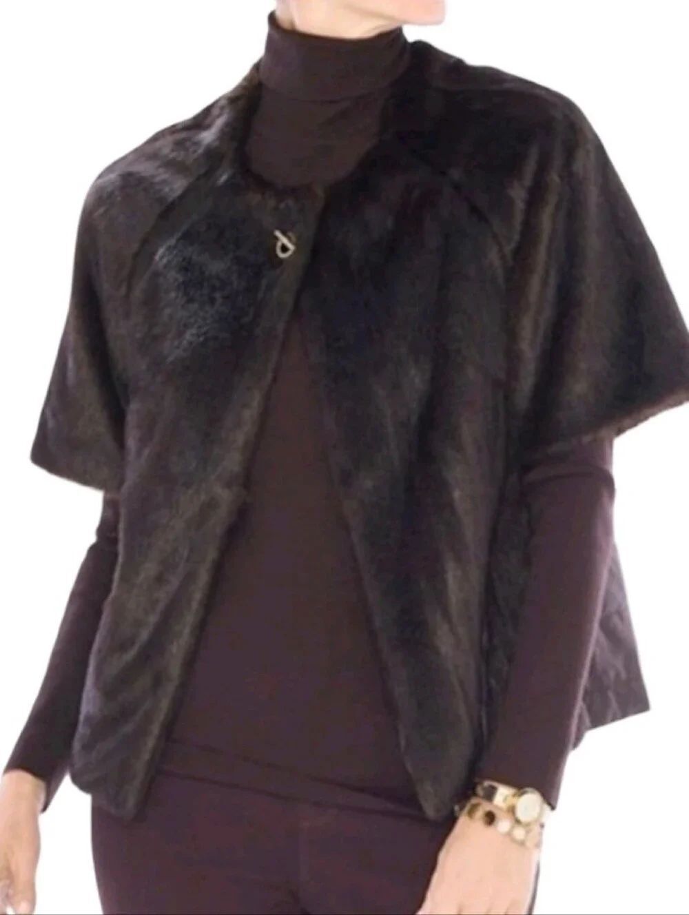 NWT Chico's Faux Fur Cape Jacket with Toggle Closure Dark Brown M